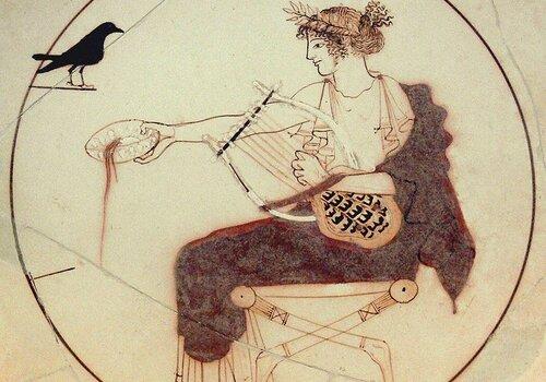 Calice représentant Apollon avec une lyre à 7 cordes, musée de Delphes, 460 av. J C. : Chanter la poésie épique 