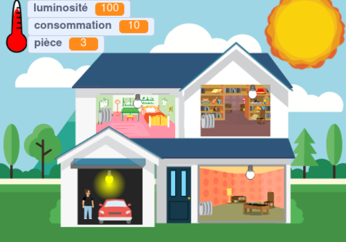 une simulation de maison avec différentes pièces dont il faut gérer la température et la luminosité