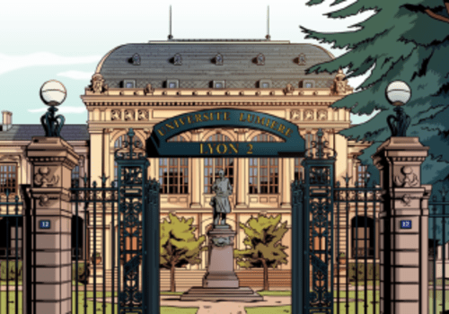 Illustration issue du jeu-vidéo Playdoyer montrant l'entrée de l'Université Lumière Lyon 2 - site des quais