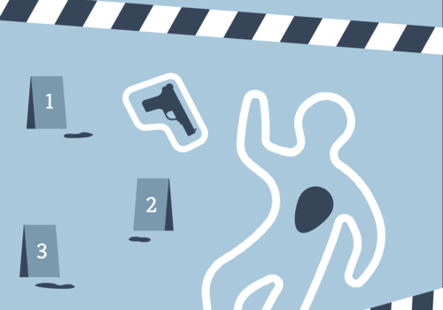 Illustration montrant les restes d'une scène de crime avec traces d'un cadavre et preuves numérotées