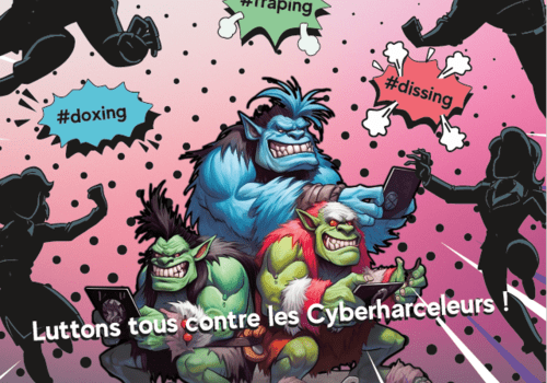 Images de trolls attaqués par des personnes en costumes avec la phrase "Luttons tous contre les cyber-harceleurs"