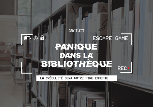 Image imitant une prise de vue de caméra avec le texte "Panique dans la bibliothèque".