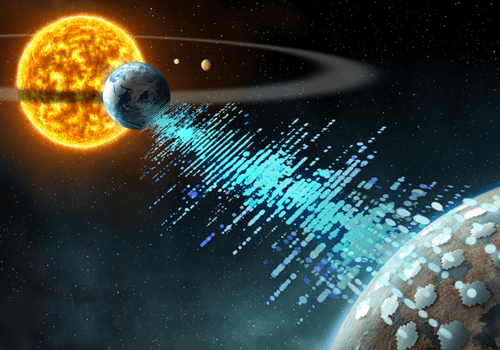 Vue d'artiste. Au premier plan une exoplanète, au second plan le Soleil et la Terre orbitant autour. Des ondes radio provenant de la Terre sont reçue par des recepteurs sur l'exoplanète.