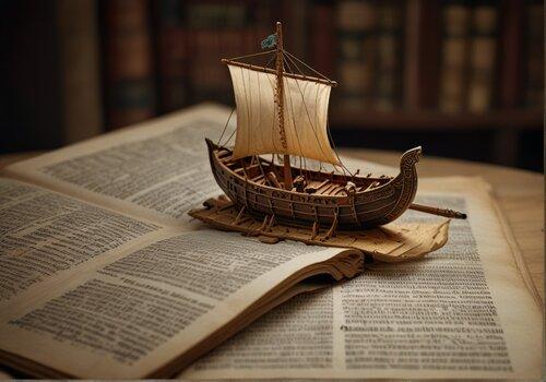 Maquette de bateau grecque en bois, sur des vieux livres manuscrit ouverts..