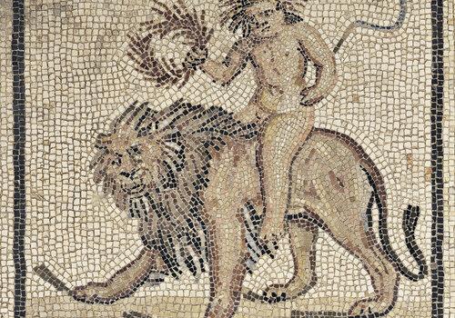 Allégorie de l’été et lion. panneau de mosaique. Mosaïque des Saisons découverte à Saint-Romain-en-Gal.