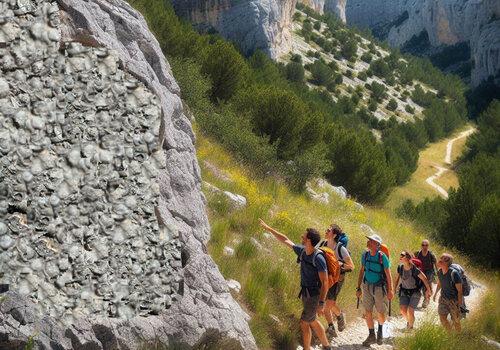 Une photo générée par une IA montre un groupe de randonneurs contempler une formation rocheuse composée de calcaire coquillier