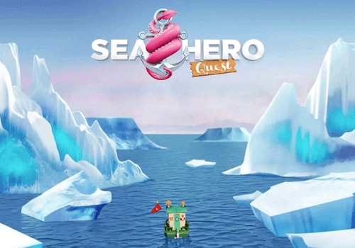 Ecran d'accueil du jeu "Sea Hero Quest". Un petit bateau navigue sur l'océan, au milieu de glaciers et d'iceberg.