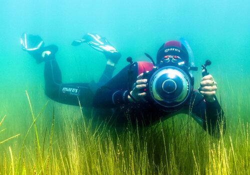 Un plongeur sous l'eau avec une caméra à la main