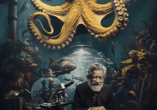 Image créée par une IA où on voit un vieux scientifique (sans doute Jules Verne) derrière un bureau avec quantité d'objets, animaux marins et avec un kraken en fond