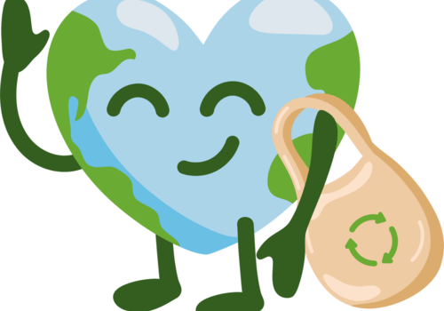 Dessin de la Terre en forme de coeur avec un sac plastique