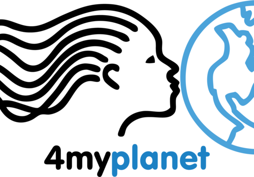 Logo association 4myplanet (dessin d'une personne avec des cheveux longs au vent et qui embrasse la planète)