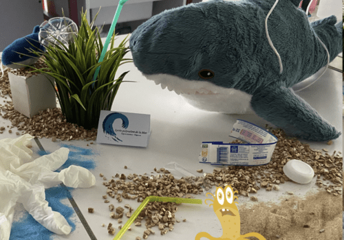 Image d'un requin en peluche entouré de divers déchets plastiques.