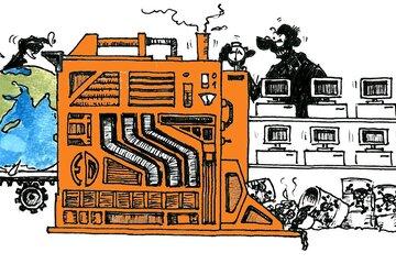 Dessin en longueur montrant une machine (couleur orange) qui transforme des globes terrestres (bleu et vert) qui arrivent sur un tapis roulant, en ordinateurs (noirs). Cette machine produit également des déchets sous forme de boites de conserves portant une tête de mort. Dessin signé Eric Drezet et datant juin 2012