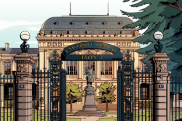 Illustration issue du jeu-vidéo Playdoyer montrant l'entrée de l'Université Lumière Lyon 2 - site des quais