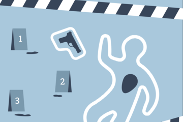 Illustration montrant les restes d'une scène de crime avec traces d'un cadavre et preuves numérotées