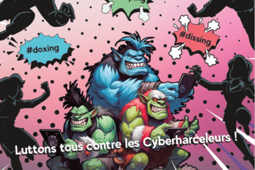 Images de trolls attaqués par des personnes en costumes avec la phrase "Luttons tous contre les cyber-harceleurs"