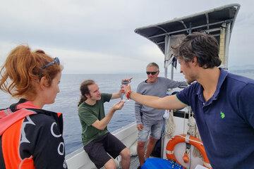 Charlotte Le Kieffre, postdoc dans le groupe de recherche de Johan Decelle (à gauche), Richard Paul Jacoby, (au milieu) et Johan Decelle, chef d'équipe LPCV (CNRS/CEA/UGA/INRAe), collaborateur externe de Yannick Schwab (à l'extrême droite) ; l'homme aux lunettes de soleil était le conducteur du bateau. Ils collectent des échantillons lors de l'expédition pilote TREC dans la station marine de Villefranche-sur-mer. Photo prise le 14 septembre 2021 par Mylène André.  