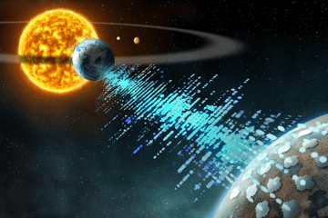 Vue d'artiste. Au premier plan une exoplanète, au second plan le Soleil et la Terre orbitant autour. Des ondes radio provenant de la Terre sont reçue par des recepteurs sur l'exoplanète.