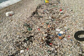 Plage du port en eau profonde, un réceptacle à déchets issus de la mer et de la Seine toute proche, Antifer.