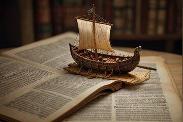 Maquette de bateau grecque en bois, sur des vieux livres manuscrit ouverts..