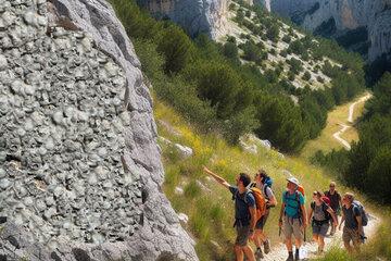 Une photo générée par une IA montre un groupe de randonneurs contempler une formation rocheuse composée de calcaire coquillier