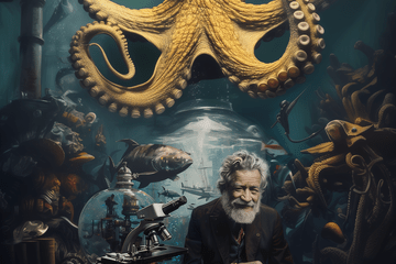 Image créée par une IA où on voit un vieux scientifique (sans doute Jules Verne) derrière un bureau avec quantité d'objets, animaux marins et avec un kraken en fond