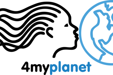 Logo association 4myplanet (dessin d'une personne avec des cheveux longs au vent et qui embrasse la planète)